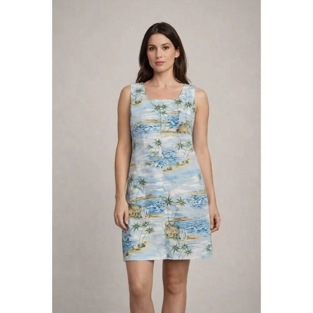 Shannon Marie Hawaii Tropical Blue Palm Tree Sleeveless Dress USA